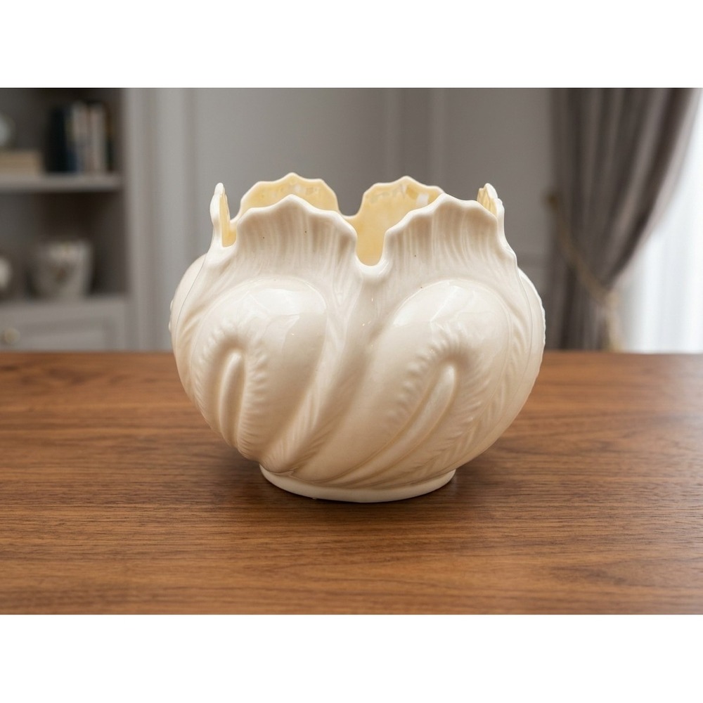 Vintage Belleek Ireland Cabbage Leaf Bowl Porcelain Cream Flower Pot Vase Glossy